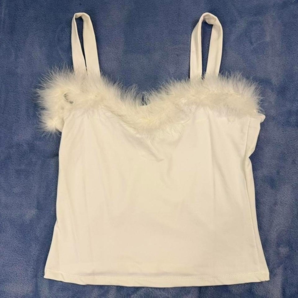 Vintage White fur trim crop‎ top women Size L